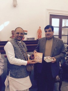 Shri Nitin Gatkari Ji Minister of Road Transport and Highways of India. He received a copy of Gita as it is from Vrajendranandan Das.